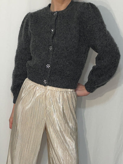 Charcoal Knit Balloon Sleeve Statement Button Cardigan