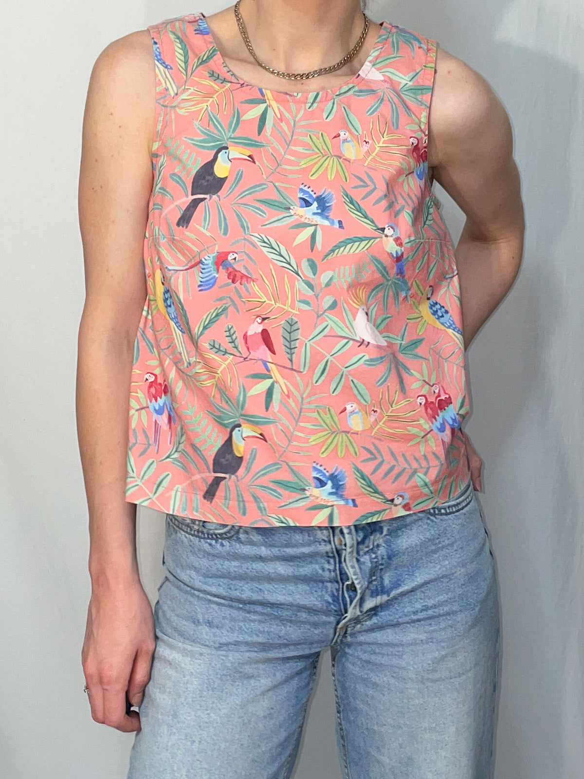 Peach Tropical Bird Structured Woven Cotton Tank