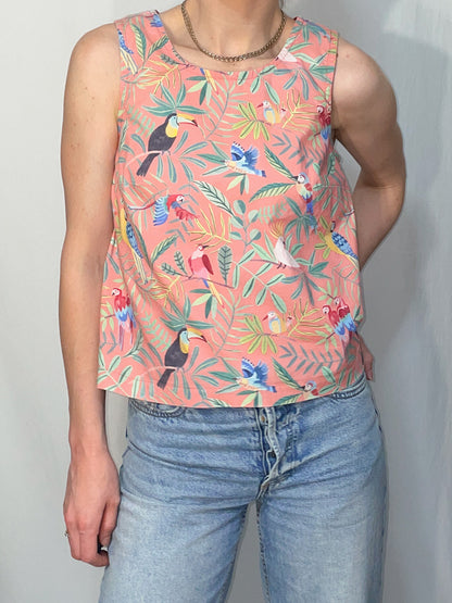 Peach Tropical Bird Structured Woven Cotton Tank