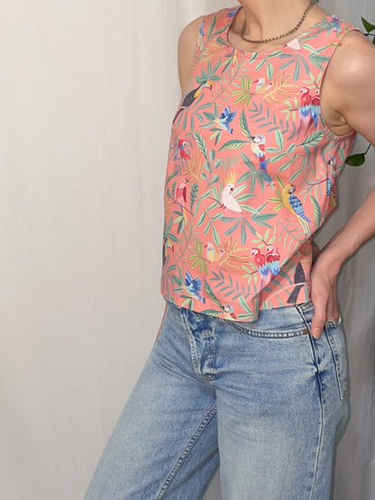Peach Tropical Bird Structured Woven Cotton Tank