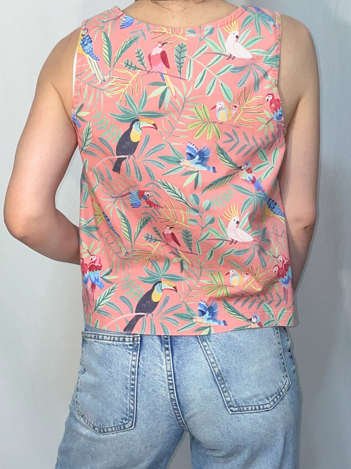 Peach Tropical Bird Structured Woven Cotton Tank