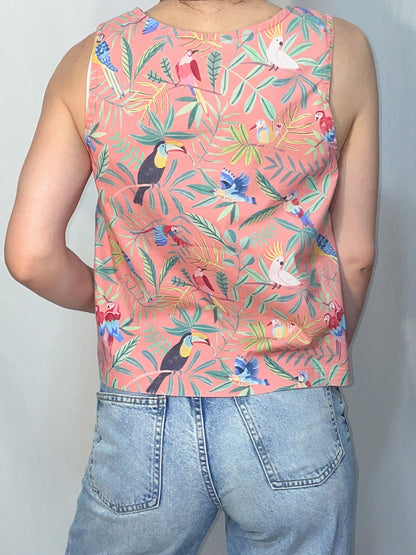 Peach Tropical Bird Structured Woven Cotton Tank