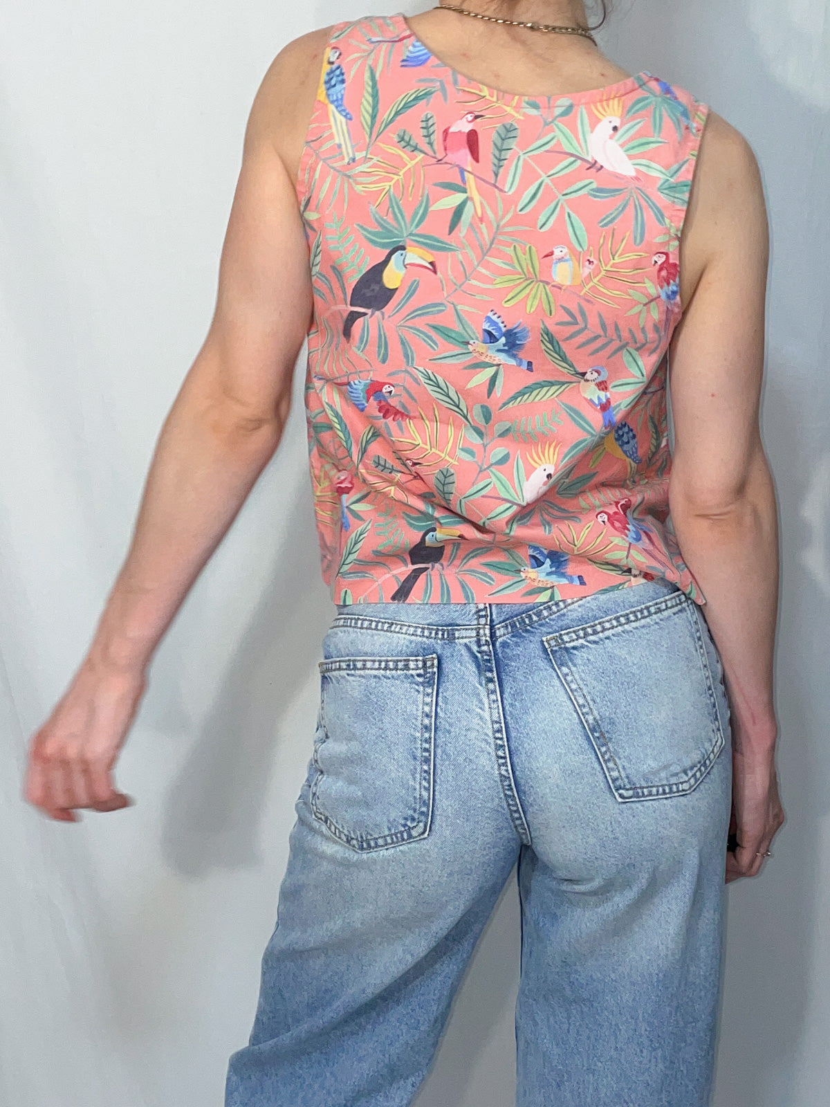 Peach Tropical Bird Structured Woven Cotton Tank