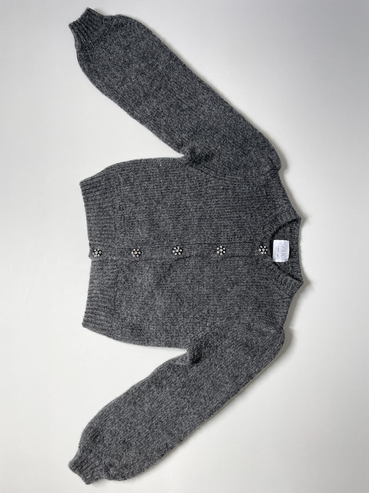 Charcoal Knit Balloon Sleeve Statement Button Cardigan