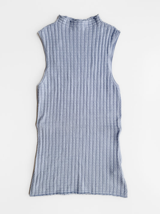 Pastel Blue Ribbed Waffle Sleeveless Mock Neck Top