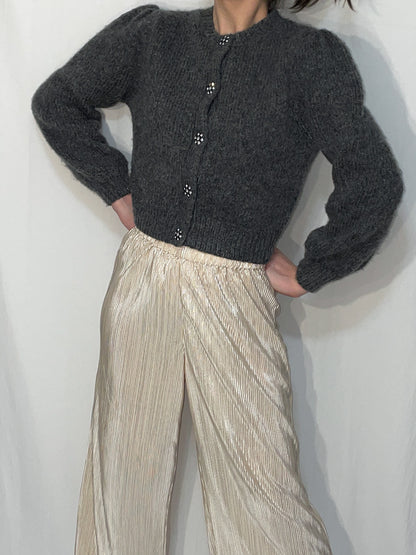 Charcoal Knit Balloon Sleeve Statement Button Cardigan